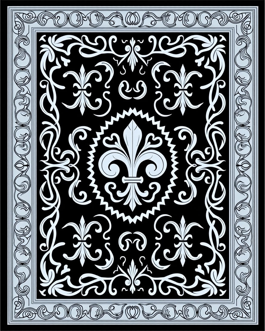 Black Fleur de Lis Scroll Border Rug