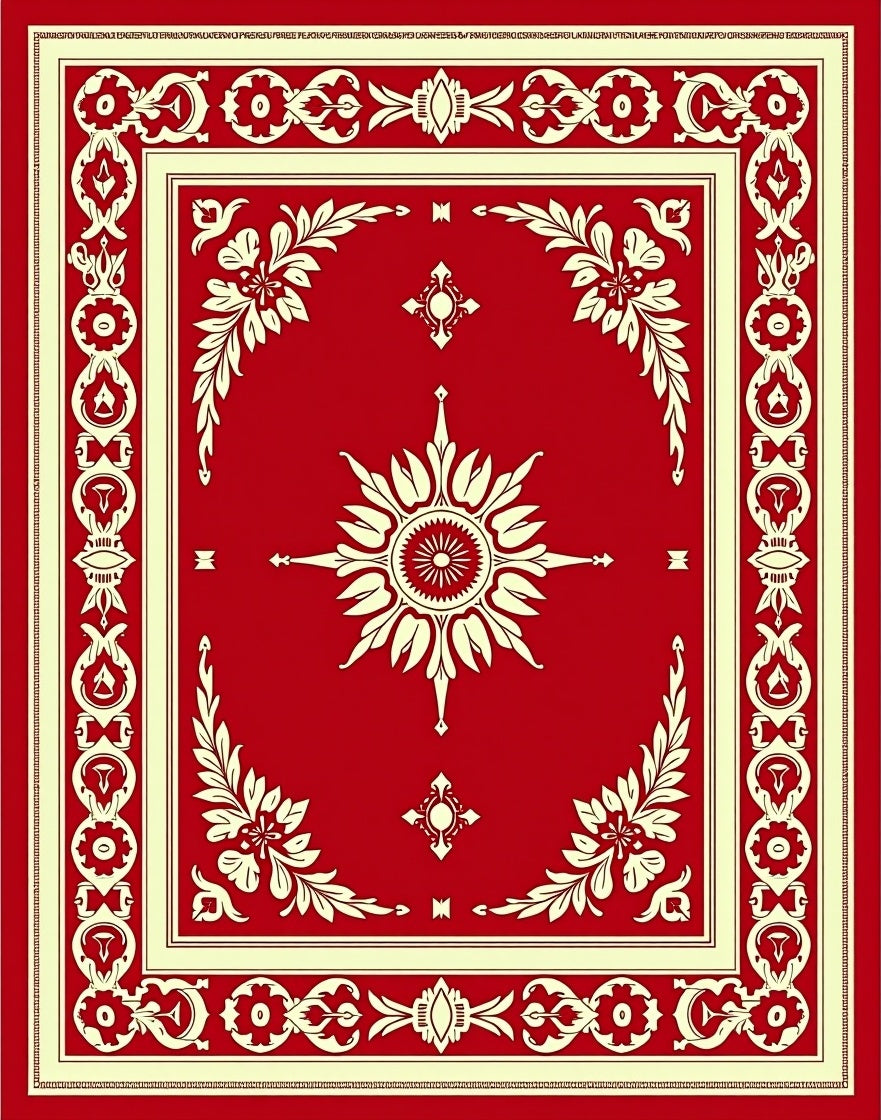 Crimson Cream Floral Sunburst Border Rug