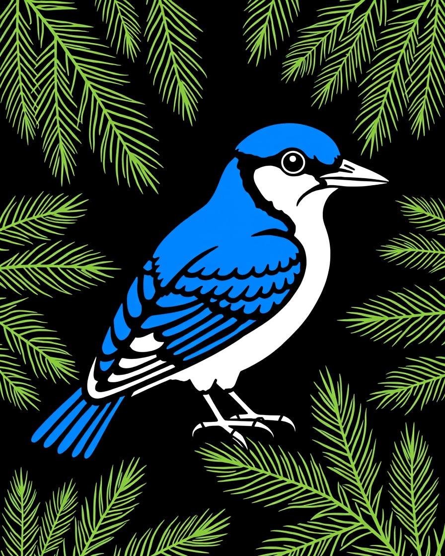 Bright Blue Jay Green Pine Fronds Rug