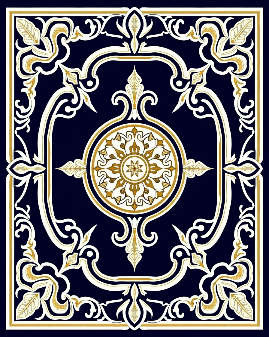 Navy Blue Golden Medallion Floral Rug