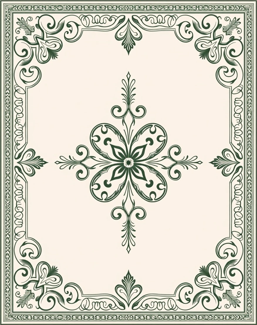 Dark Green Ornate Floral Border Rug