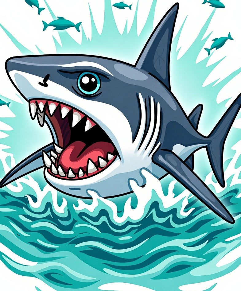 Aggressive Shark in Teal Blue Waves Rug