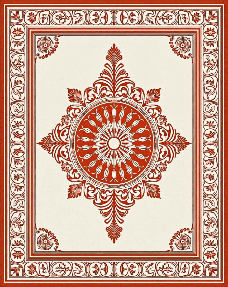 Crimson Sunburst Mandala Border Complement Rug