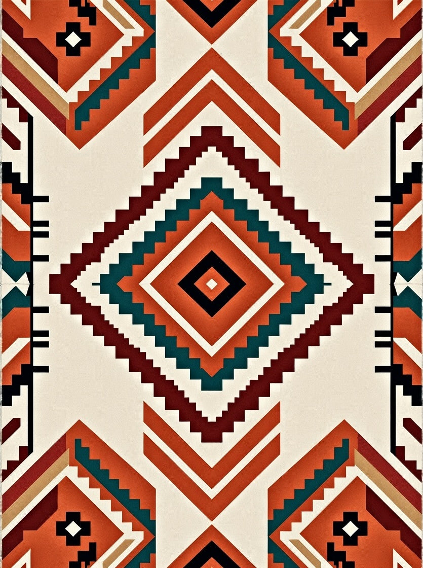 Terracotta Teal Geometric Diamond Tribal Rug