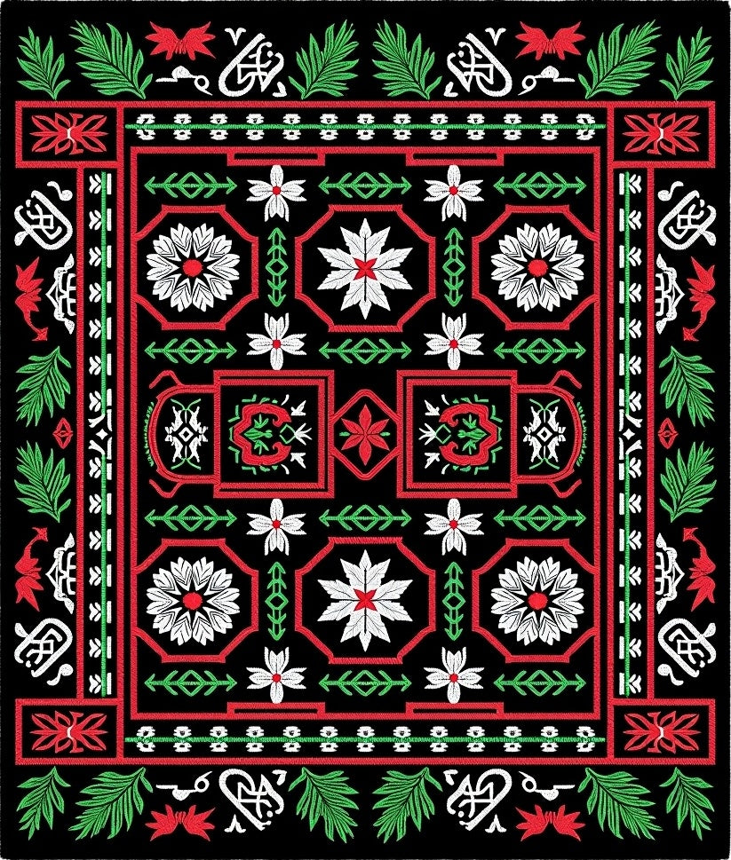 Bold Floral Lattice Red Green Black Rug