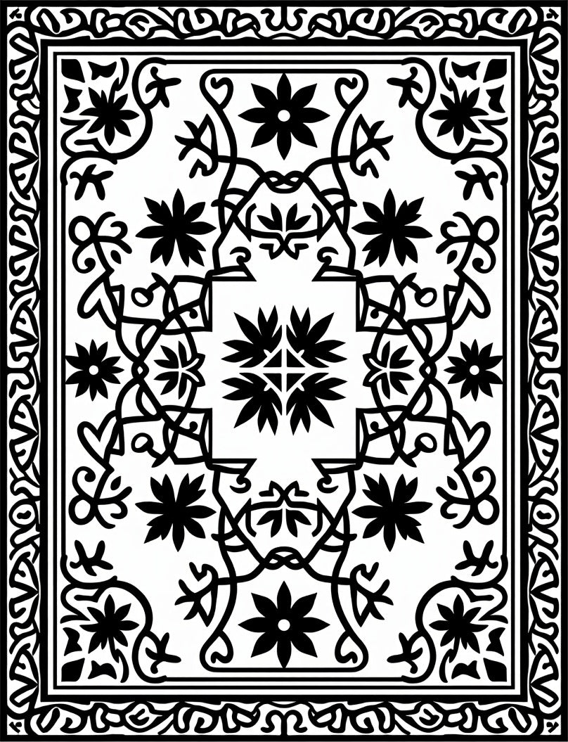 Ornate Black White Floral Vine Rug