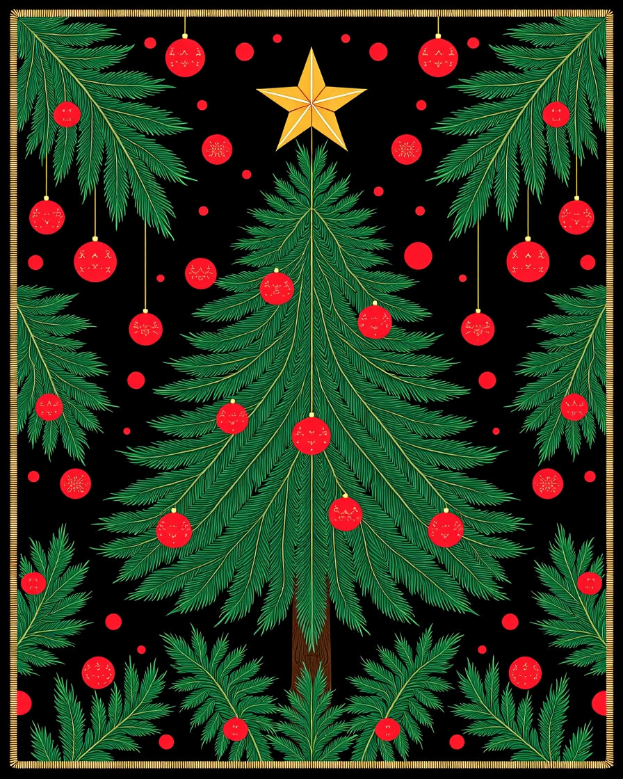 Festive Evergreen Tree Red Ornaments Rug