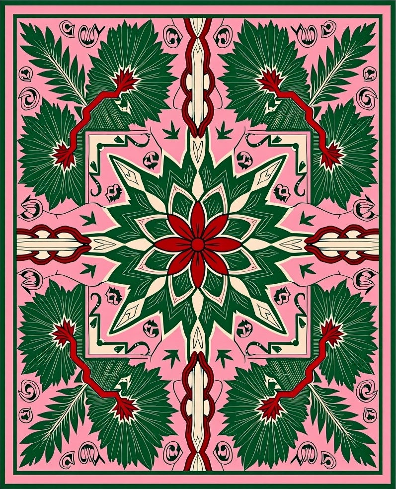 Pink With Green Floral Medallion Arrangement Rug