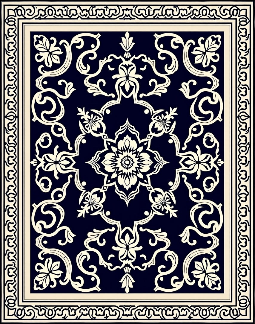 Deep Blue Cream Floral Medallion Rug