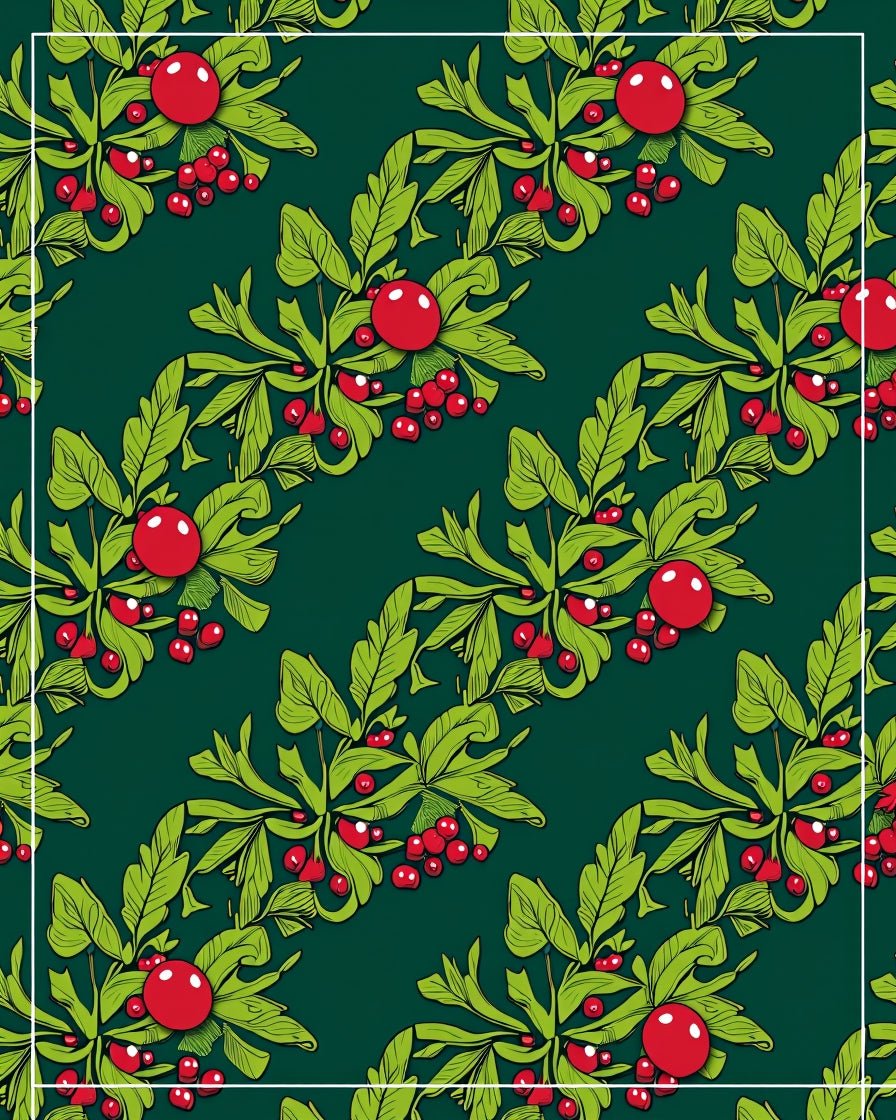 Dark Green Red Berry Leaf Garland Rug
