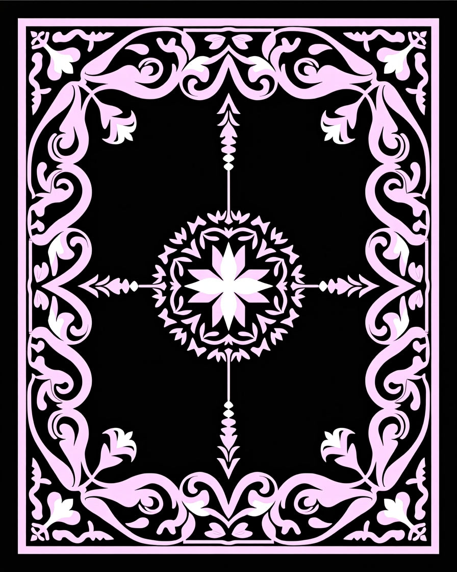 Ornate Pink Floral Centerpiece Frame Rug