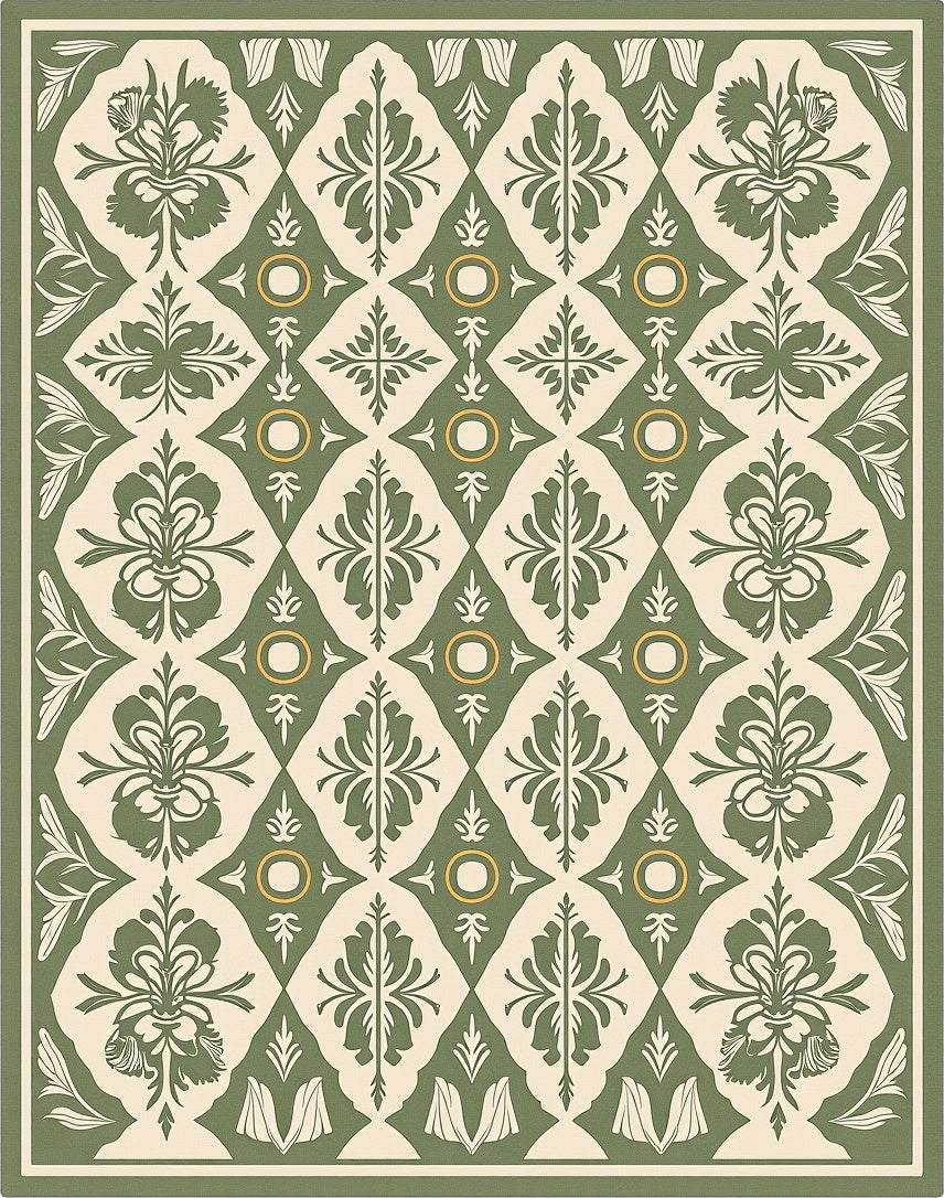 Ornate Green Floral Damask Diamond Rug