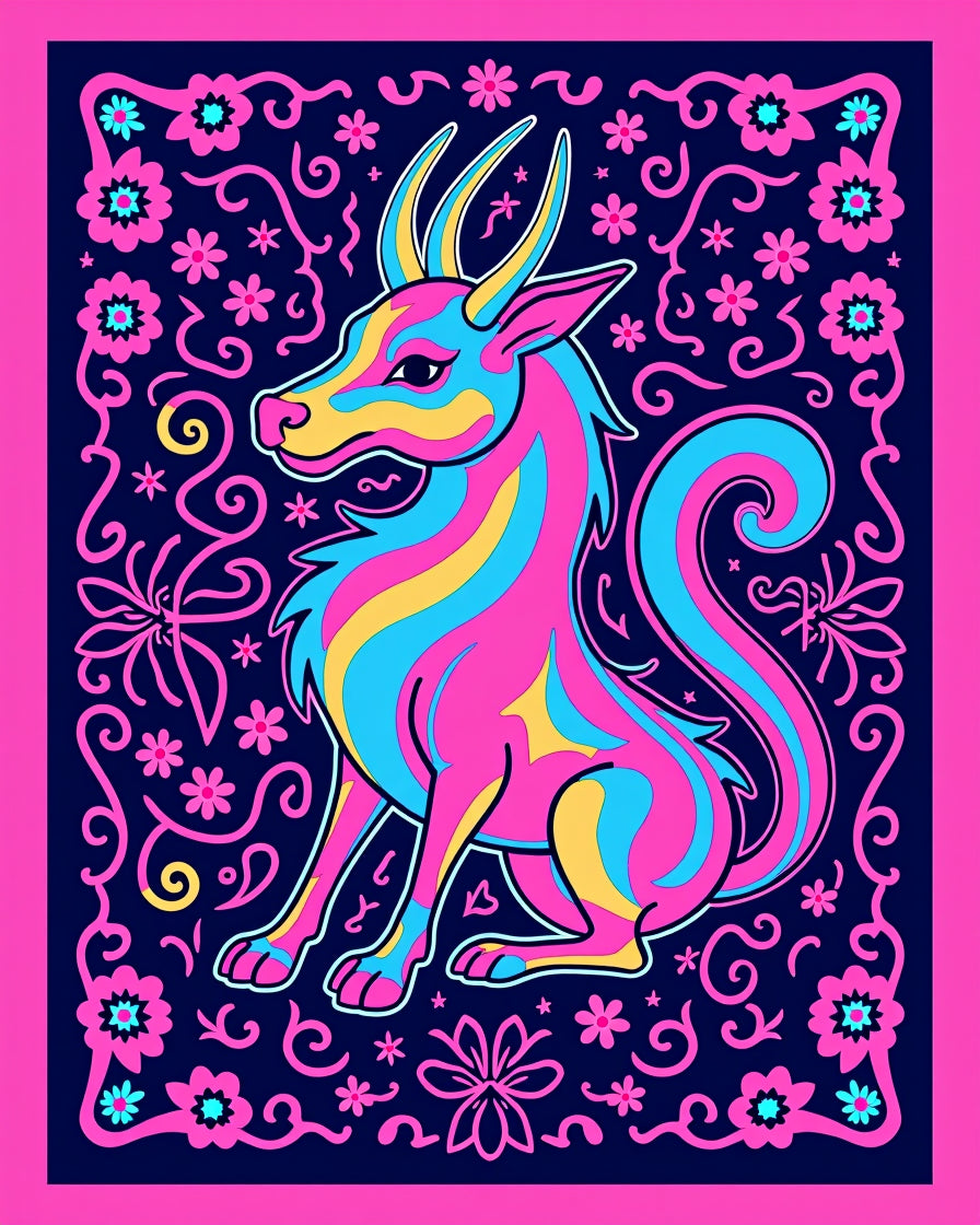Vibrant Mythical Creature Floral Border Rug