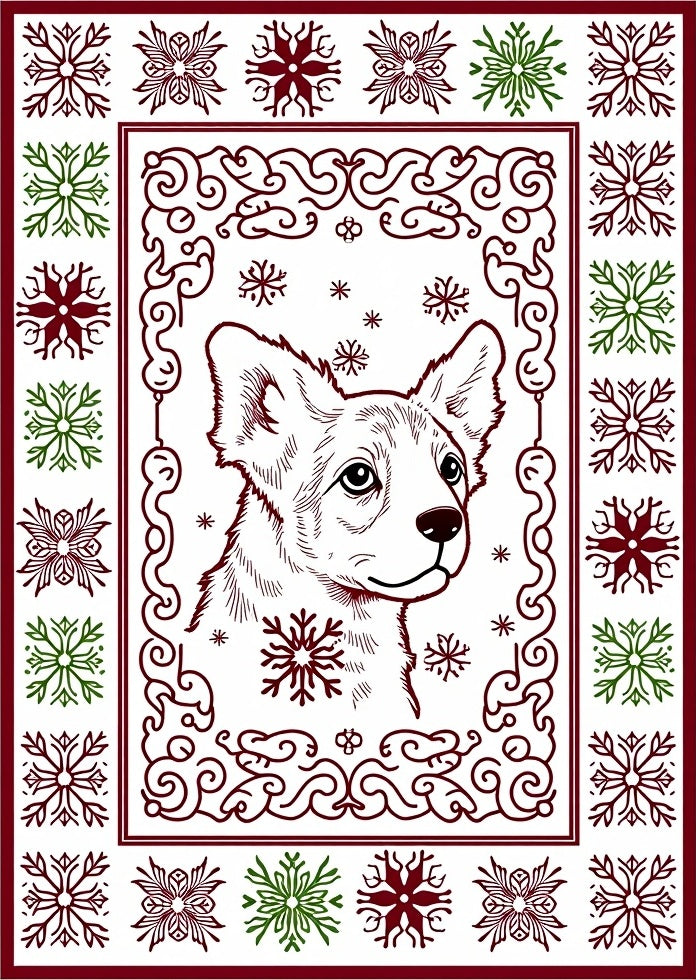 Corgi Snowflakes Red Green Border Rug