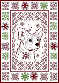 Corgi Snowflakes Red Green Border Rug