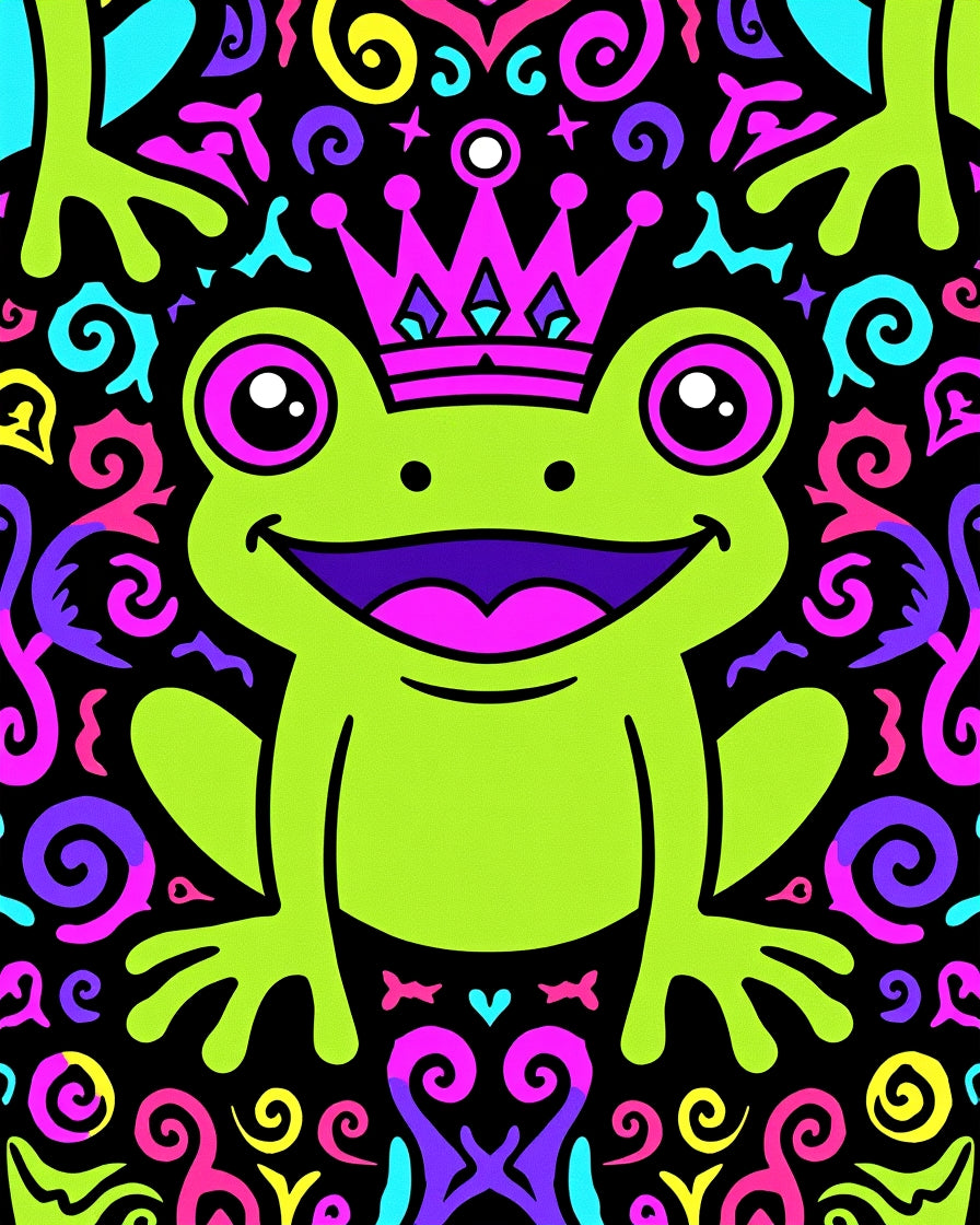 Vibrant Neon Frog Crown Swirls Rug