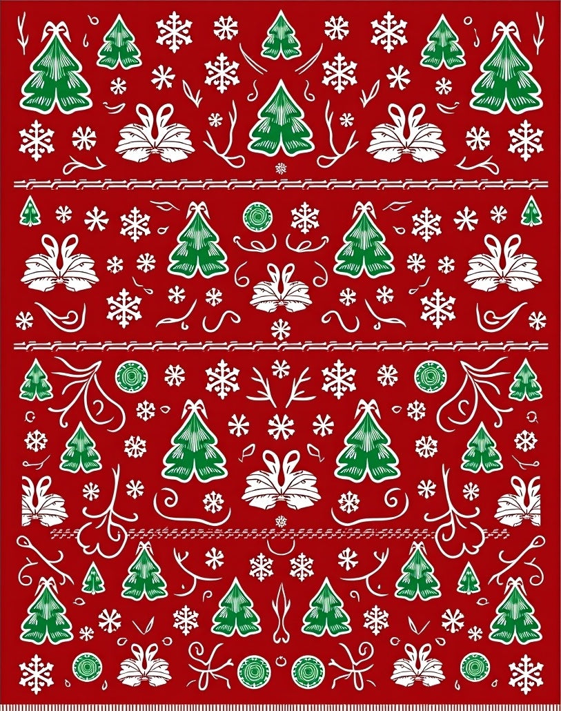 Festive Red Green Christmas Tree Snowflakes Rug