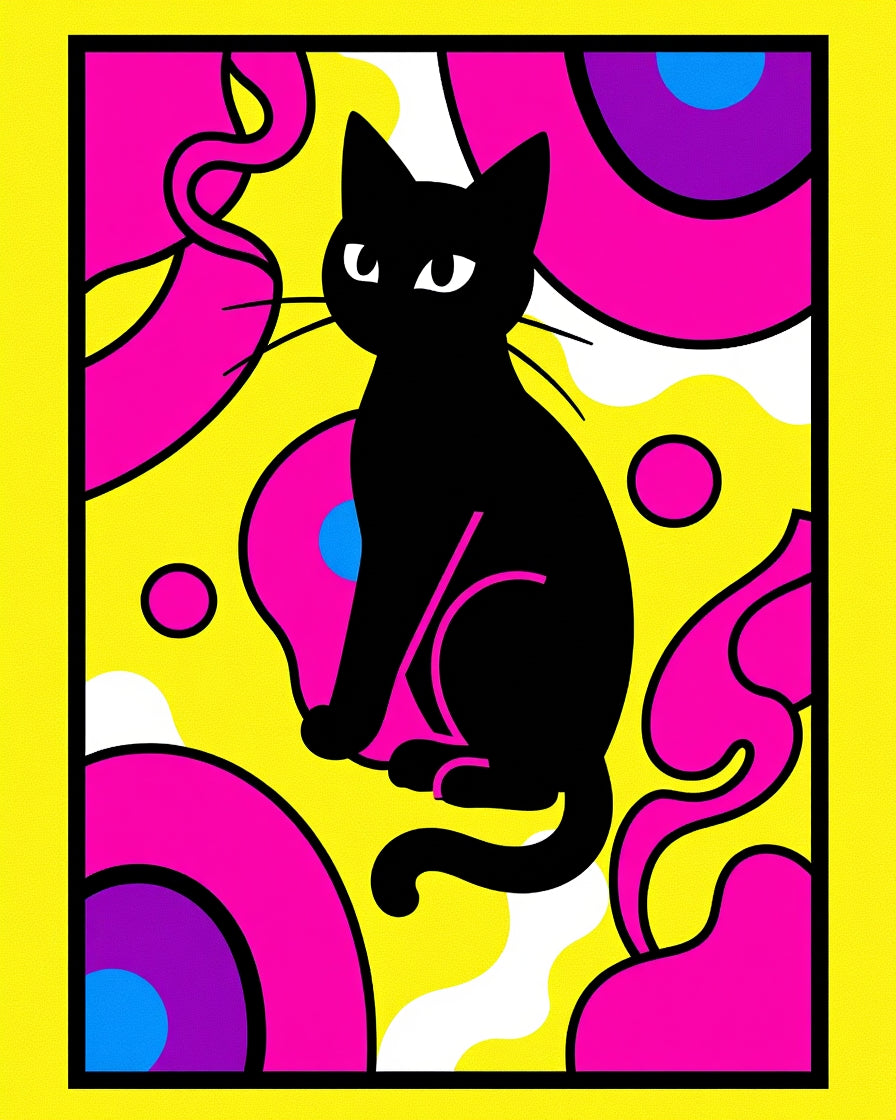 Retro Black Cat Yellow Abstract Rug