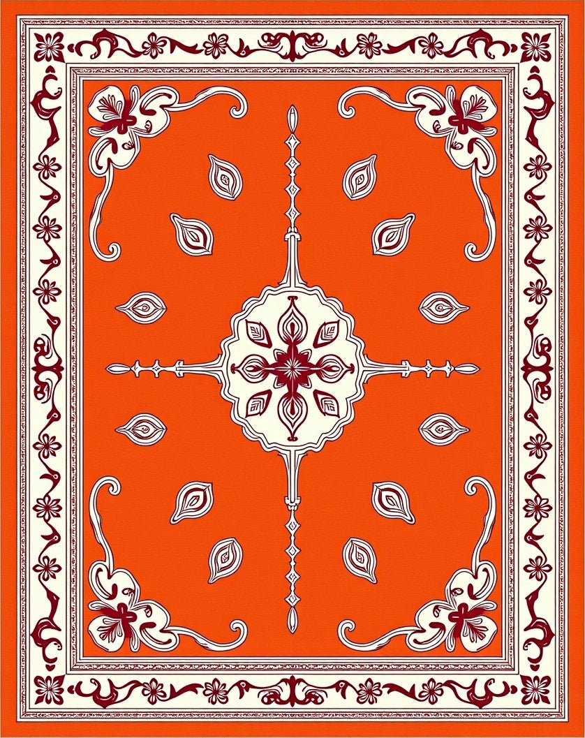 Fiery Orange Floral Medallion Border Rug