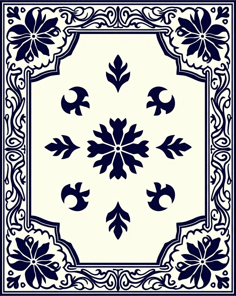 Classic Navy Floral Medallion Frame Rug