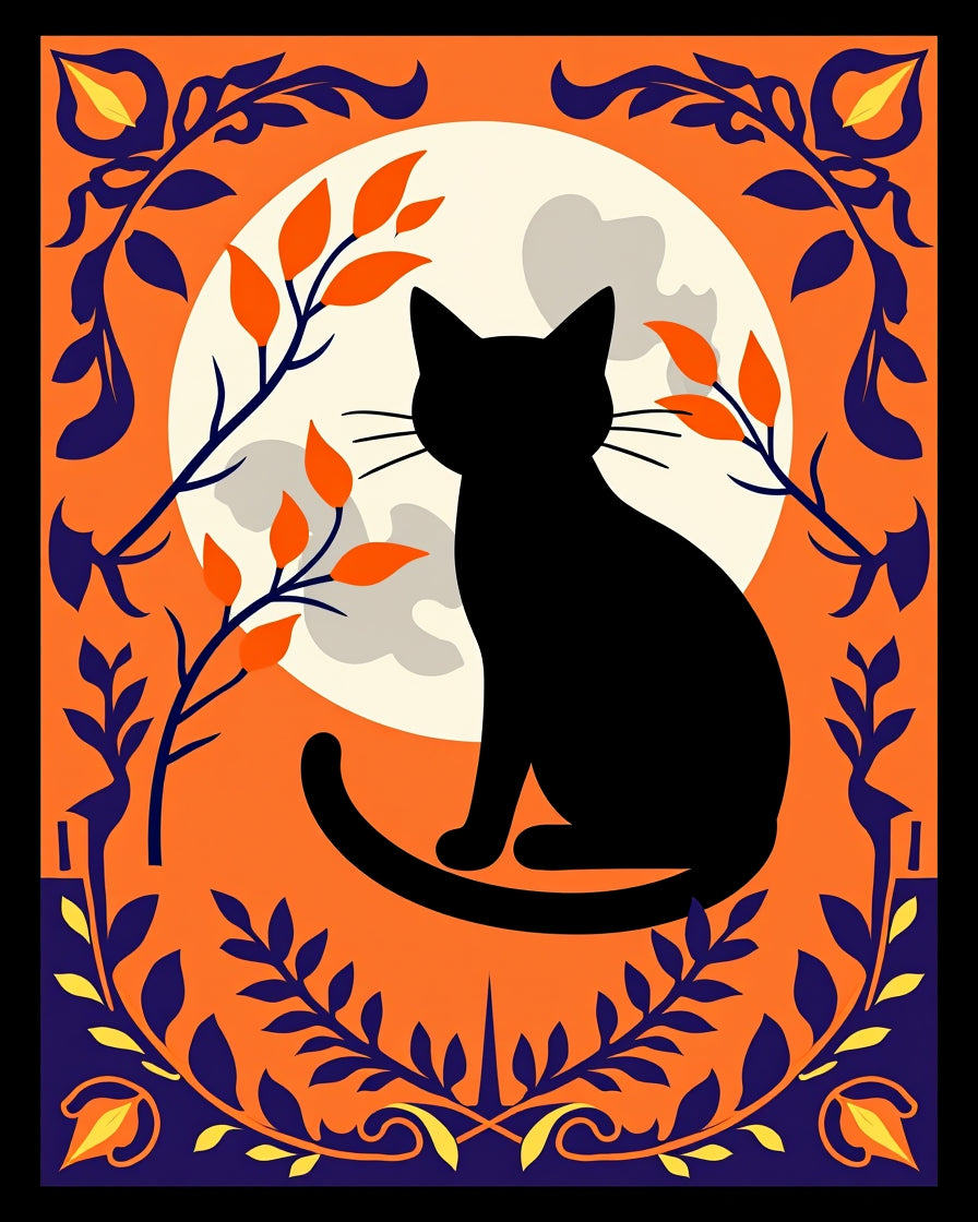 Black Cat Moon Orange Botanical Rug