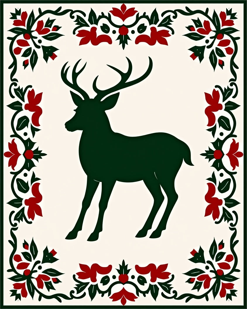 Emerald Deer with Red Floral Border Rug