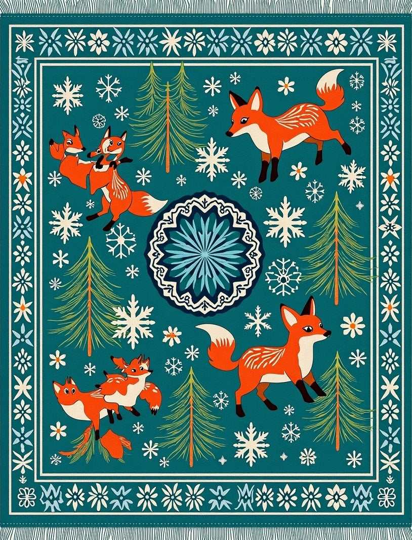 Whimsical Fox And Snowflake Forest Rug