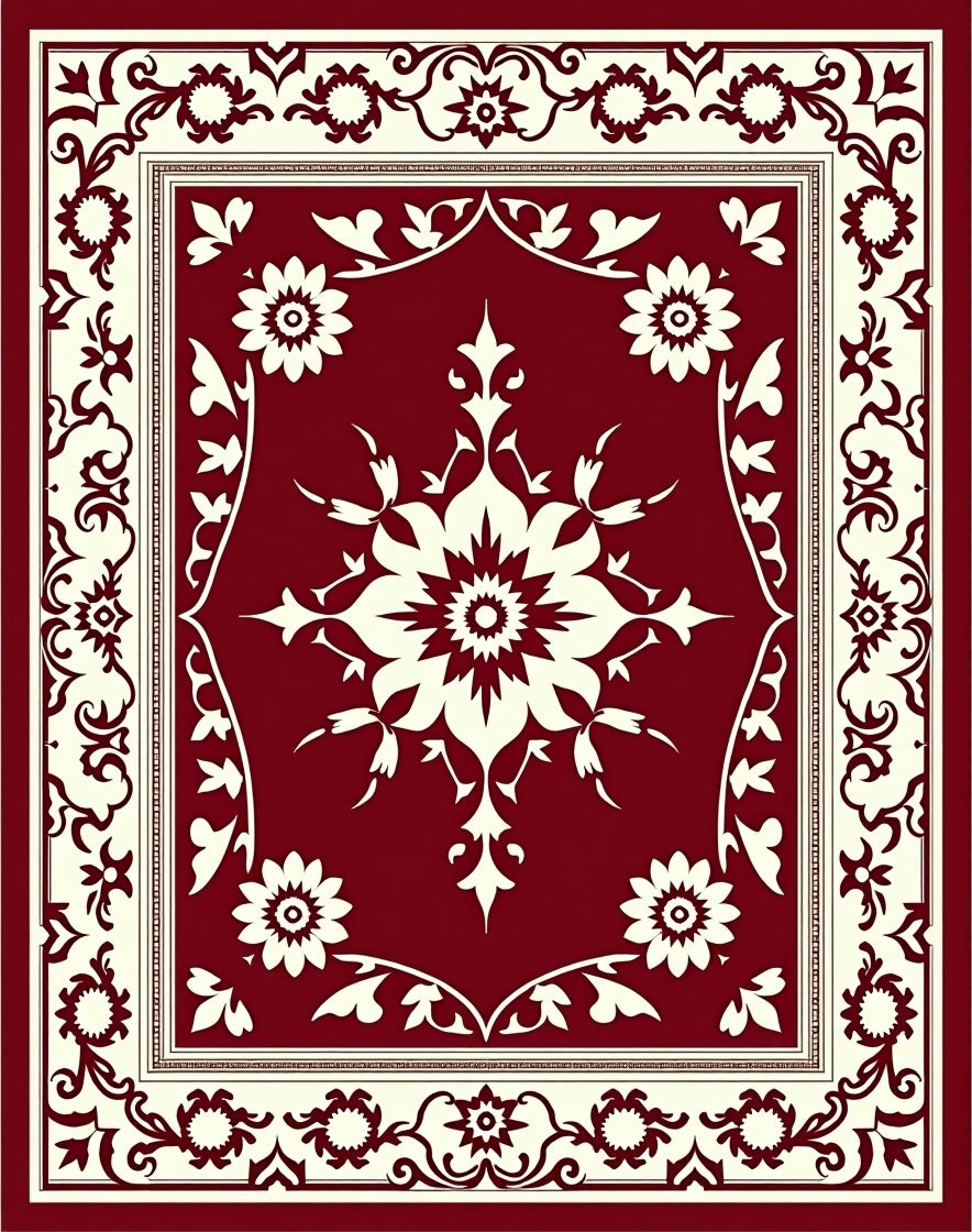 Crimson Cream Floral Medallion Border Rug