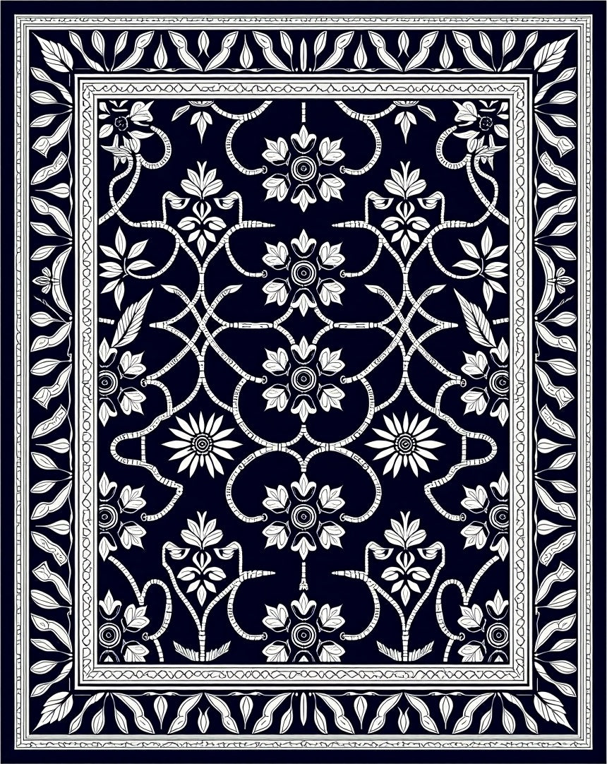 Classic Navy White Floral Vine Rug