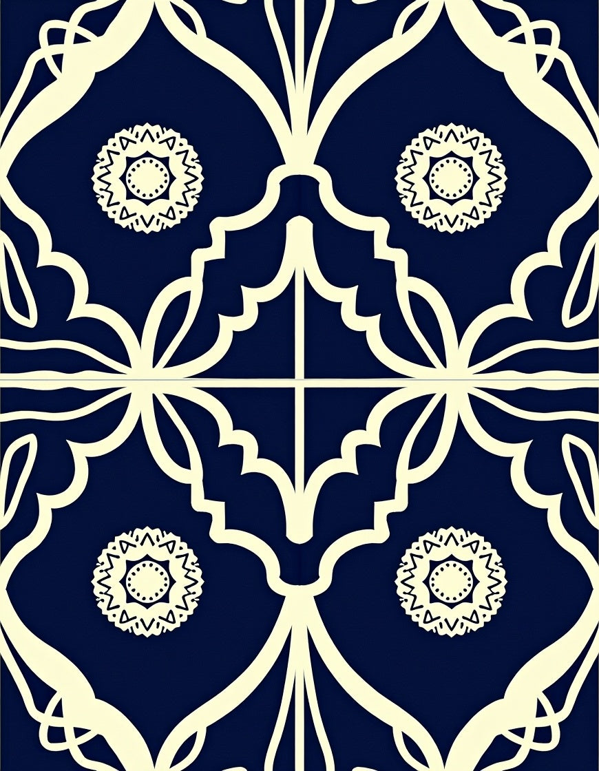Navy Cream Floral Medallion Lattice Rug