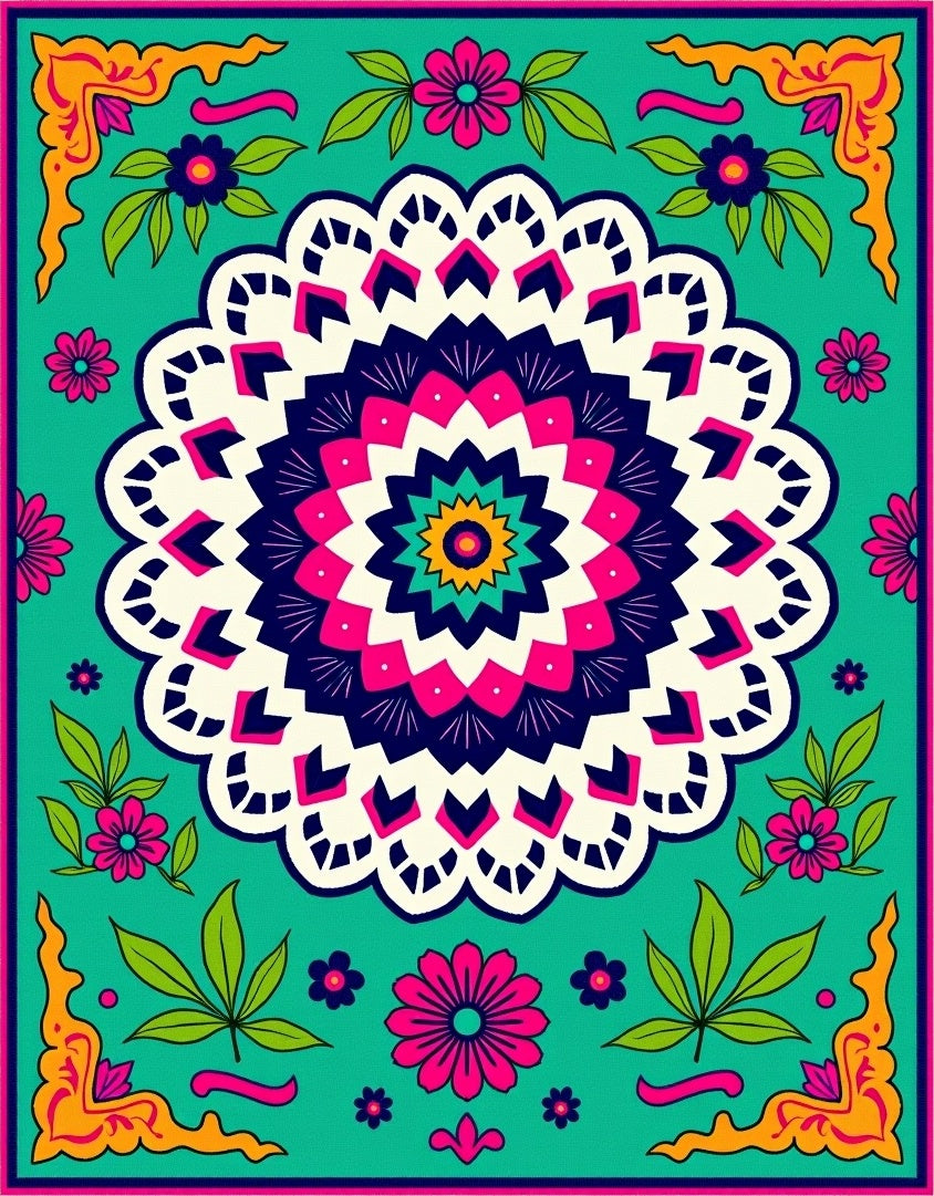 Vibrant Teal Floral Mandala Rug