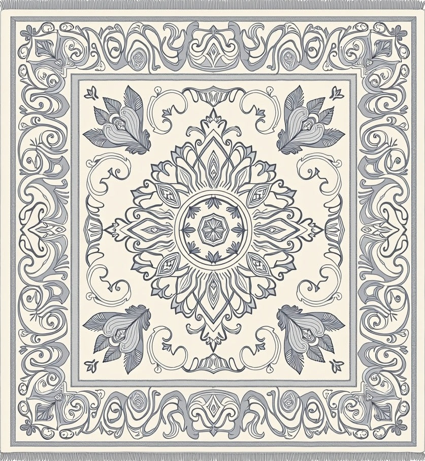Cream and Slate Mandala Floral Border Rug