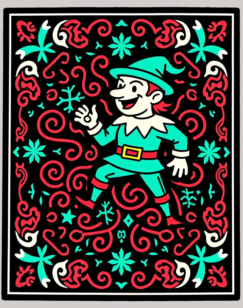 Joyful Elf Festive Swirls Red Turquoise Rug