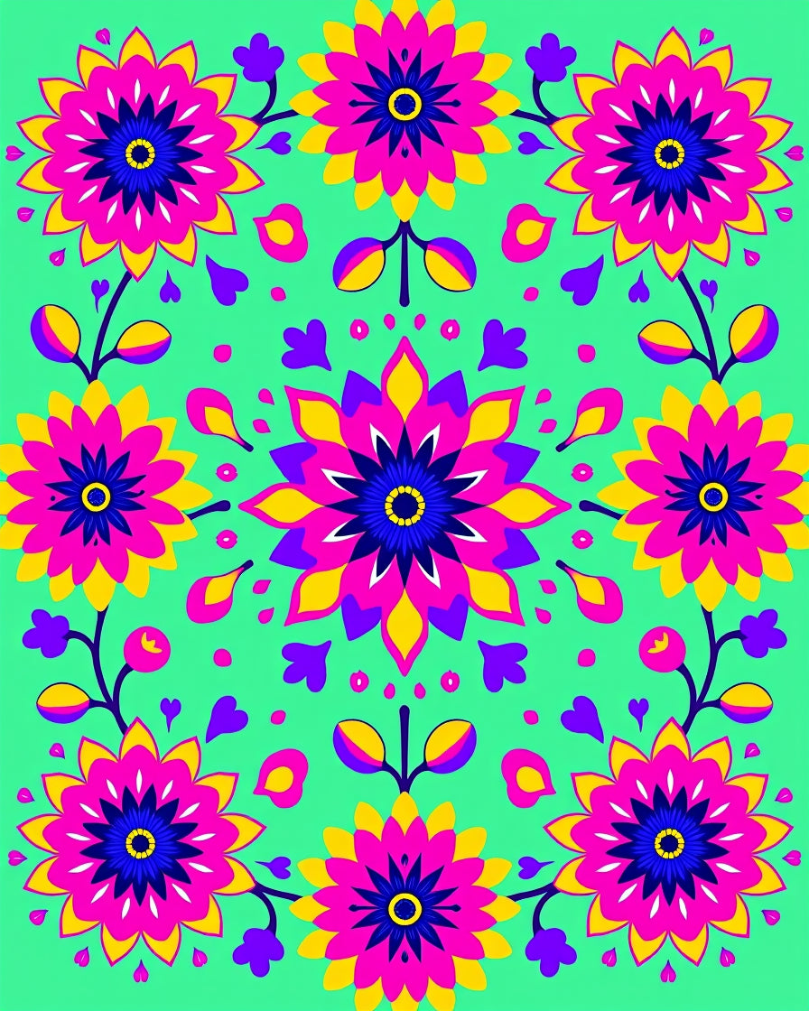 Vibrant Pink Yellow Floral Mandala Rug