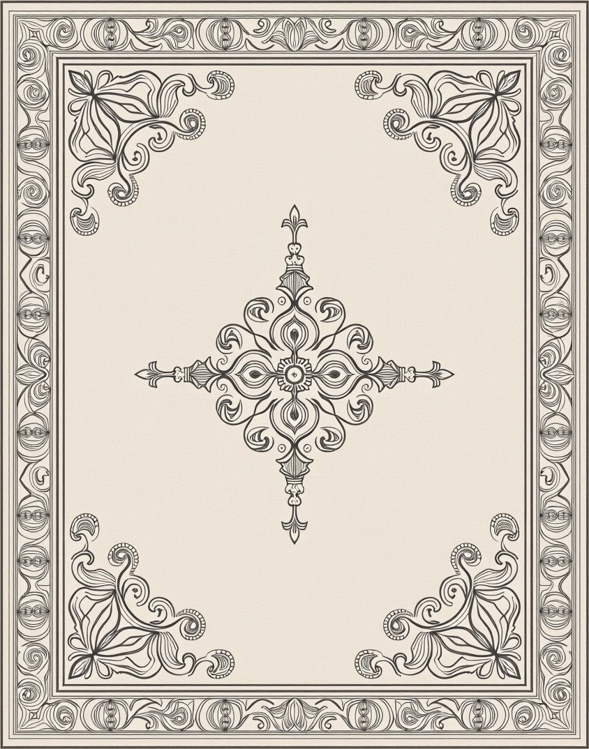 Cream and Black Scroll Medallion Frame Rug