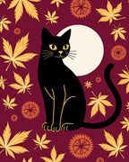 Black Cat Golden Autumn Leaves Moon Rug