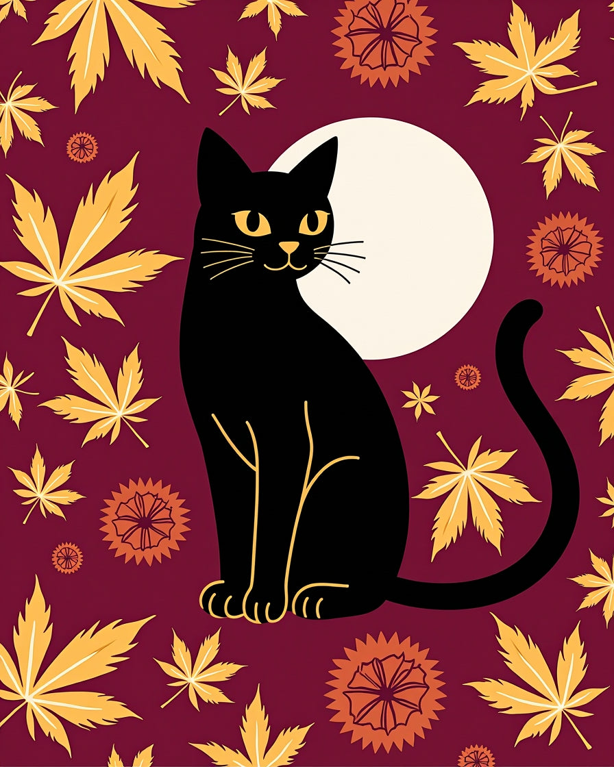 Black Cat Golden Autumn Leaves Moon Rug