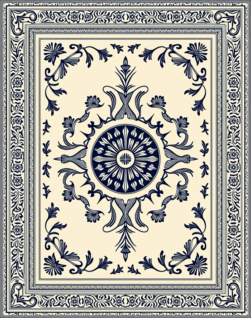 Navy Blue Ornate Floral Medallion Rug