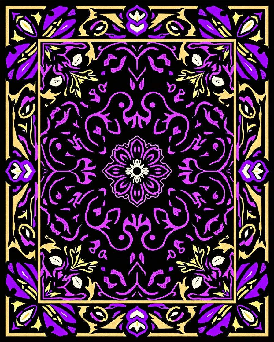 Purple Gold Black Floral Medallion Border Rug