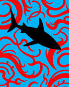 Black Shark Red Swirls Blue Background Rug