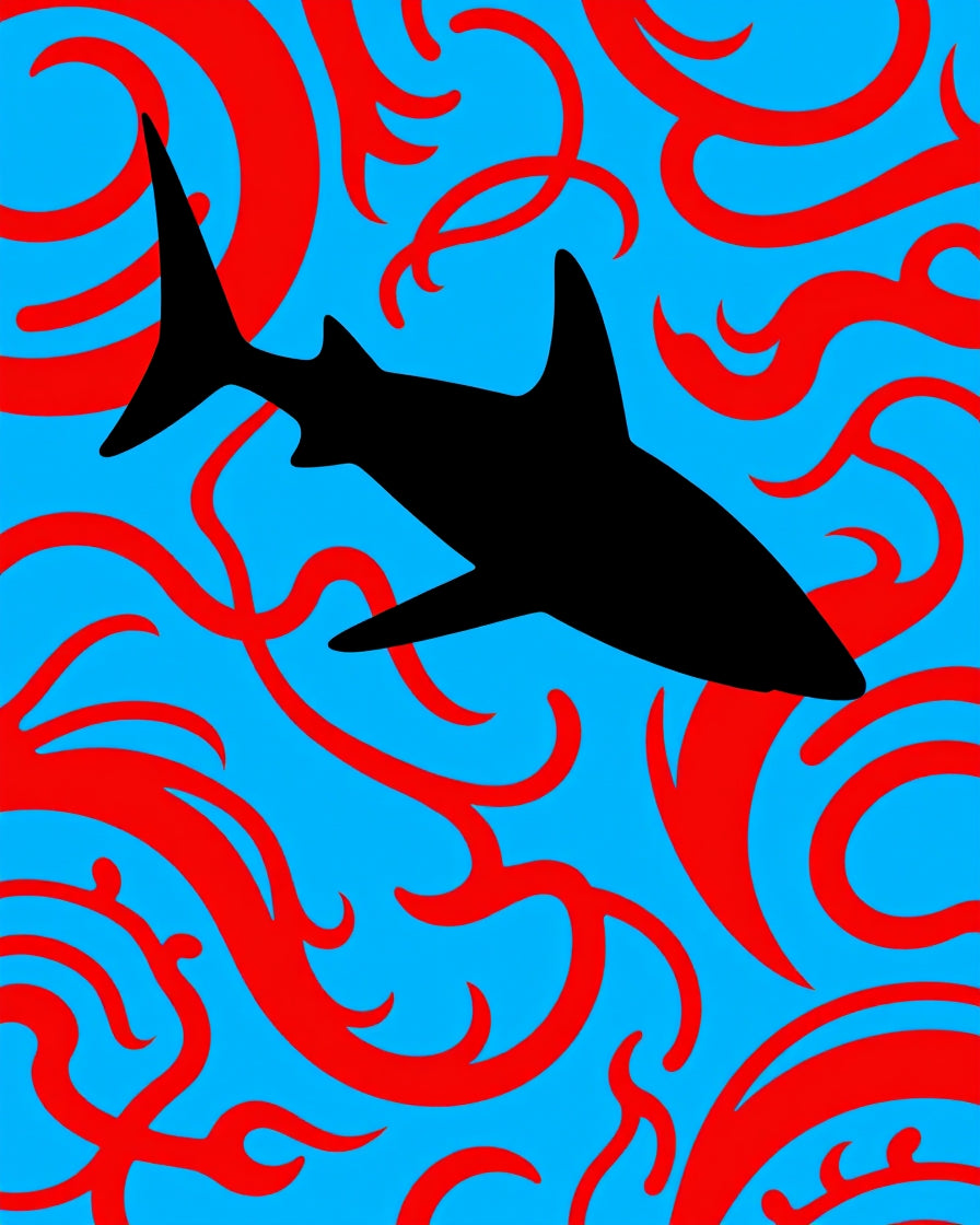 Black Shark Red Swirls Blue Background Rug