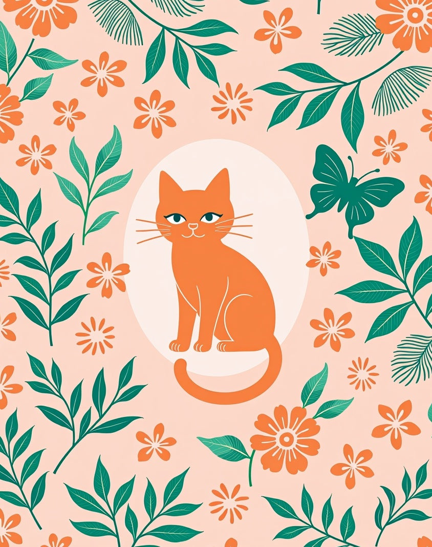 Orange Cat Floral Butterfly Whimsy Rug