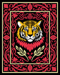 Bold Tiger Head Red Floral Frame Rug