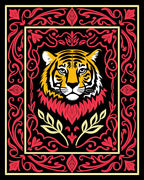 Bold Tiger Head Red Floral Frame Rug