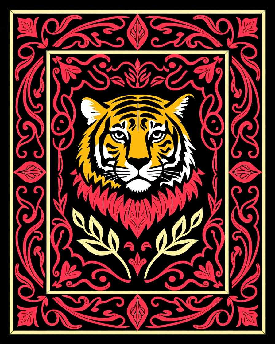 Bold Tiger Head Red Floral Frame Rug