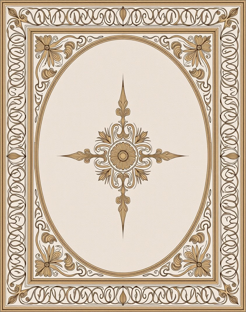 Vintage Gold Floral Oval Frame Rug