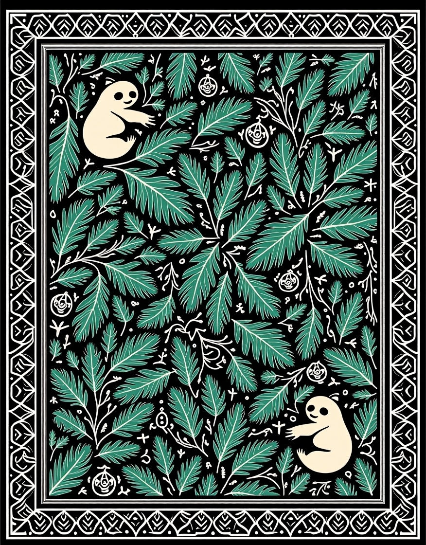 Whimsical Tan Creatures Evergreen Border Rug