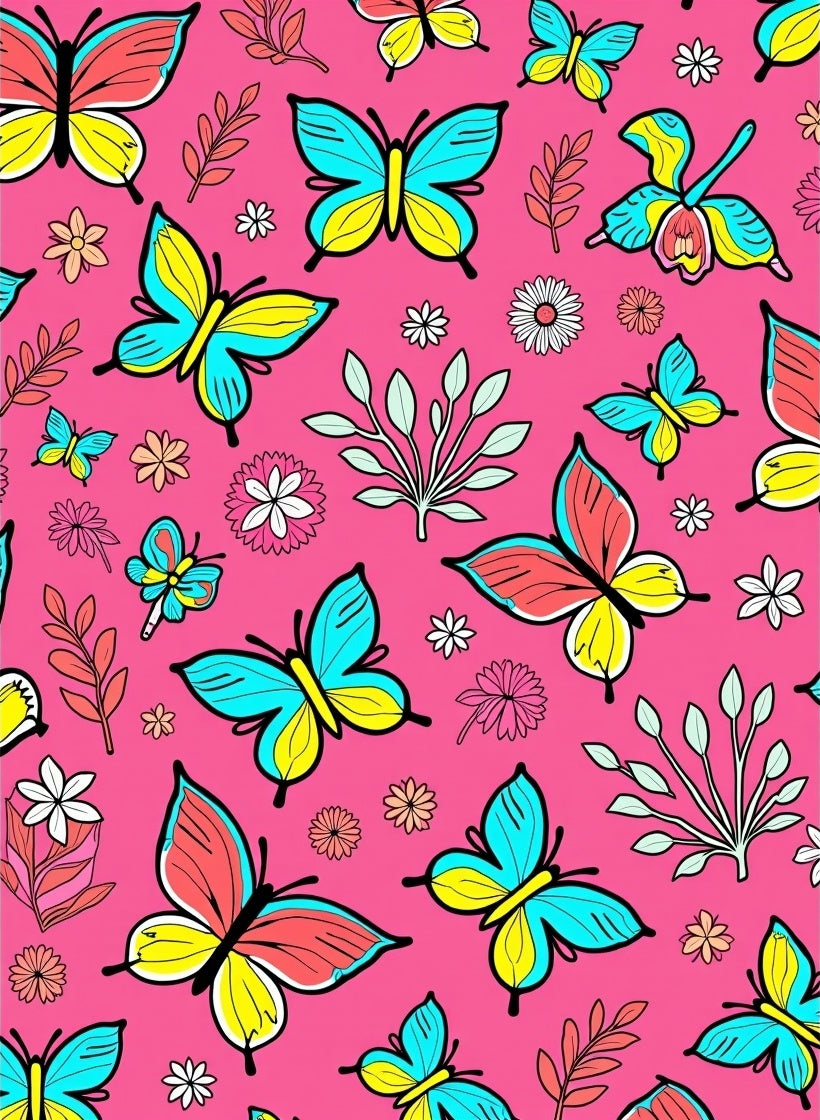 Bright Pink Butterfly Floral Collage Rug