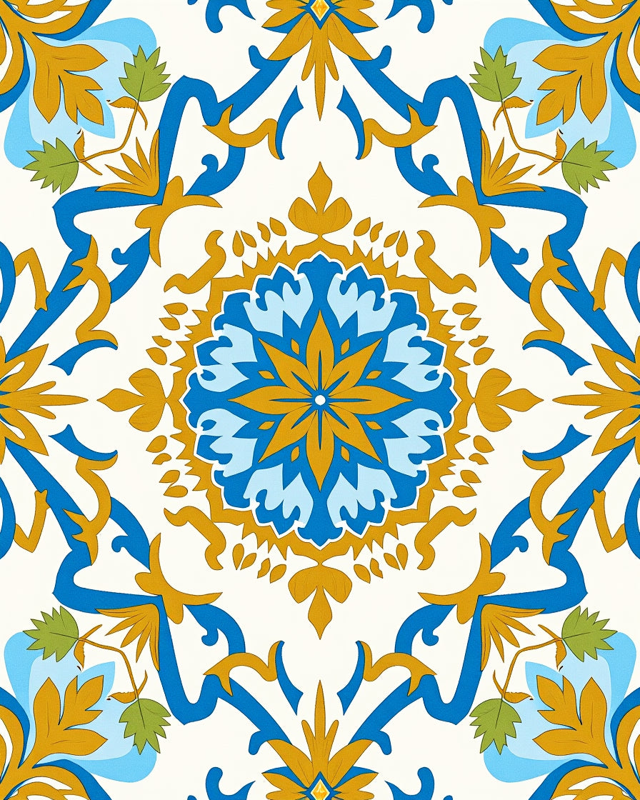 Radiant Blue Golden Floral Medallion Rug