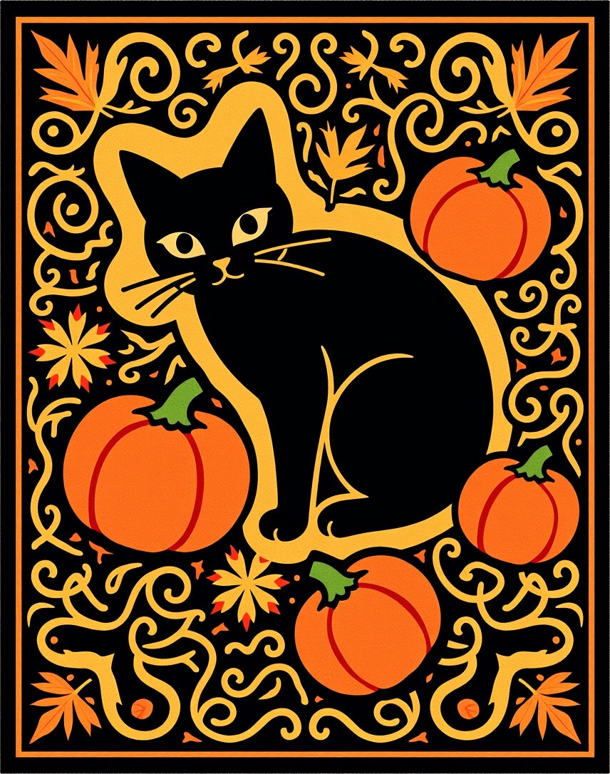 Black Cat Pumpkin Autumn Swirls Rug